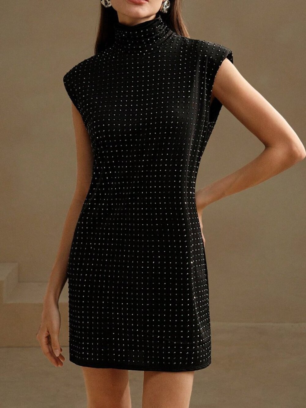 Black Elegant Women's Stud-Embellished Woven Mini Dress
